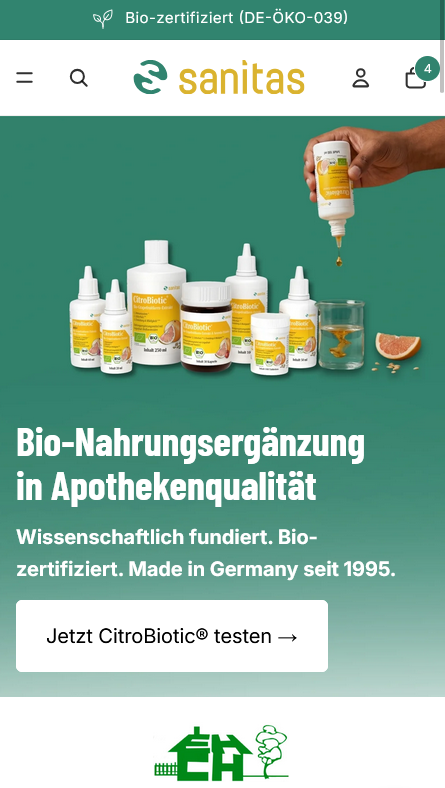sanitas.shop, Shopify-Shop für Bio-Nahrungsergänzung und Naturkosmetik, gebaut von shop-atelier